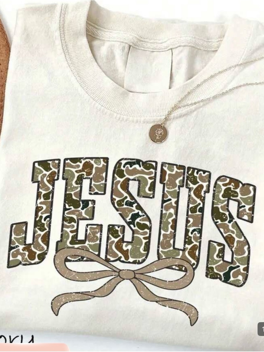 SHEIN Cream Short Sleeve Tee with Olive & Brown Camouflage